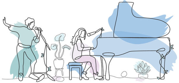 illustrated picture of a person standing while singing and a person playing the piano. Plants are between them and under the piano.